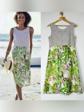 J. JILL Mixed Media Striped Floral Linen/Cotton Midi Dress Size Small Petite